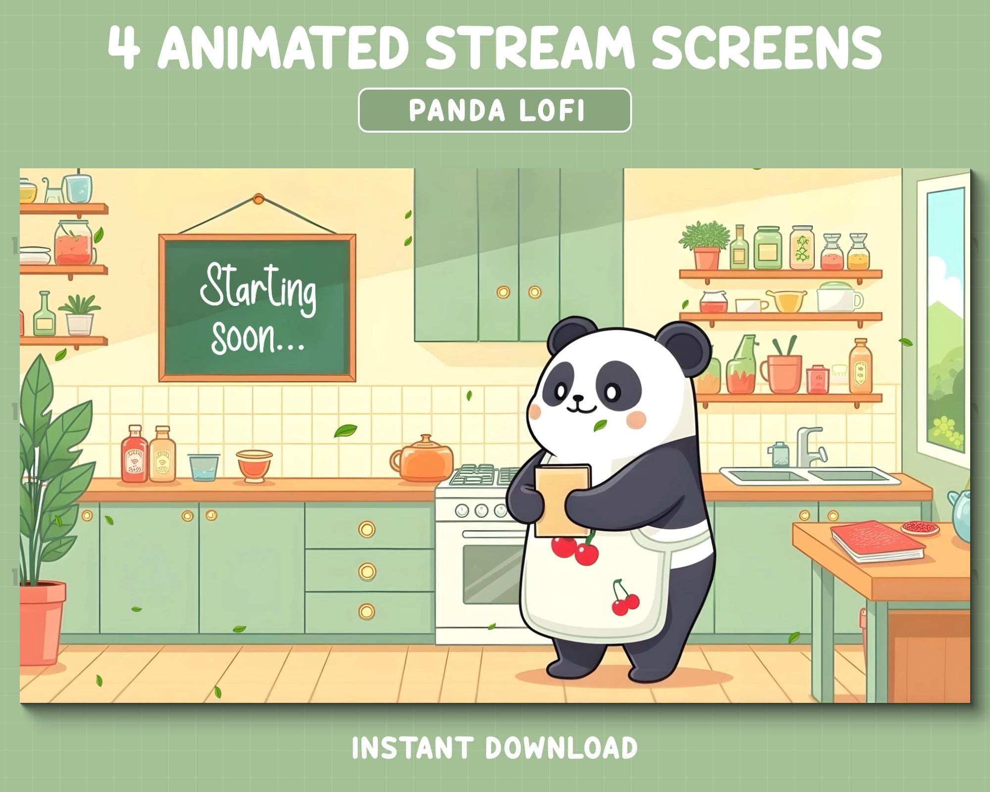 Cute Panda Twitch Overlay, Lofi Animated Stream Screens, Cozy Cooking Theme