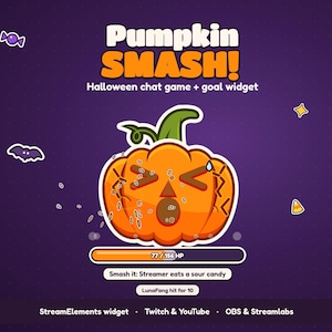Pode incluir: Um widget de jogo de chat e objetivo de Halloween Pumpkin SMASH! com uma abóbora laranja com o rosto rachado, uma barra de vida mostrando 77/156 HP e o texto Smash it: Streamer eats a sour candy, LunaFang hit for 10, StreamElements widget.