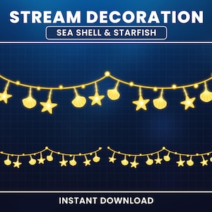 May include: Digital illustration of stream decorations with sea shells and starfish. The design shows two rows of golden string lights with hanging shell and star ornaments against a dark blue grid background. Text reads "Stream Decoration" and "Instant Download."
