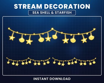 Superposición animada de conchas y estrellas de mar para Twitch: adorable decoración de stream con luces centelleantes para VTuber, superposición de stream marino