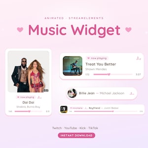 Peut inclure: Un widget musical animé StreamElements avec un fond rose clair et des icônes de cœur. L'interface affiche plusieurs mises en page de chansons en cours de lecture avec des pochettes d'album, des titres, des artistes et des barres de progression.