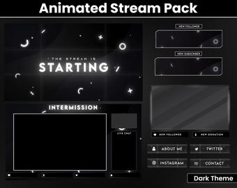 Paquete de superposiciones animadas en blanco y negro para Twitch, tema oscuro minimalista y limpio