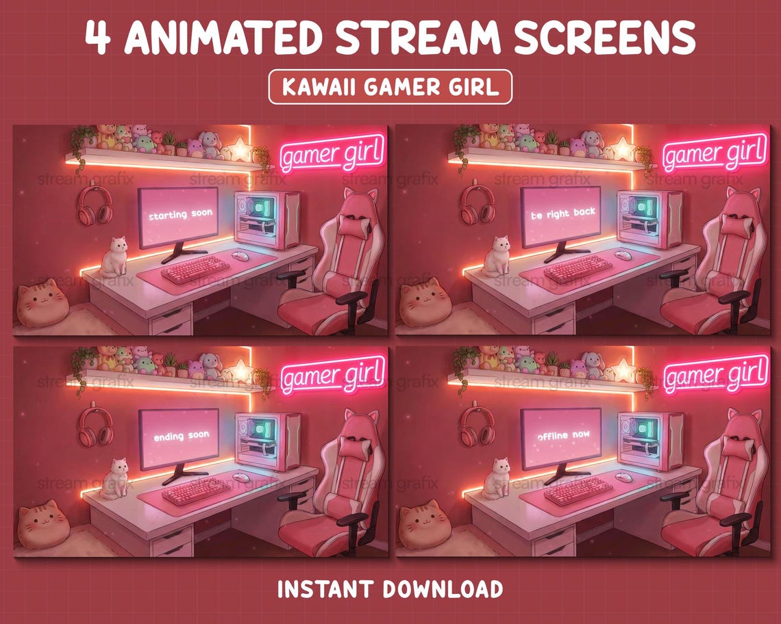 Cute Kawaii Pink Twitch Overlay, Gamer Girl Animated Stream Overlay ...