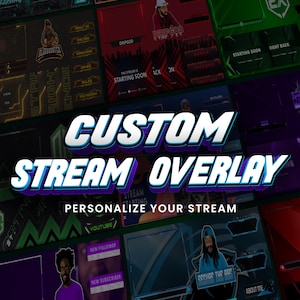 May include: A collection of custom stream overlay designs in various colors, including green, purple, and blue. The text "CUSTOM STREAM OVERLAY" is prominently displayed, along with options to personalize your stream.