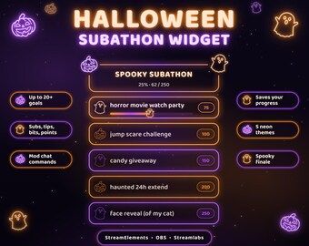 ハロウィンサブマラソンTwitchウィジェット、ネオンパンプキンゴースト目標リスト