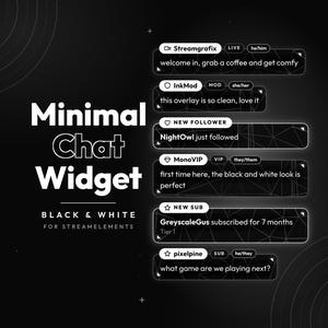 Puede incluir: Un widget de chat en blanco y negro para streaming que incluye el texto Minimal Chat Widget BLACK & WHITE FOR STREAMELEMENTS y varios mensajes de chat de muestra con insignias de usuario, pronombres y etiquetas sobre un fondo oscuro.