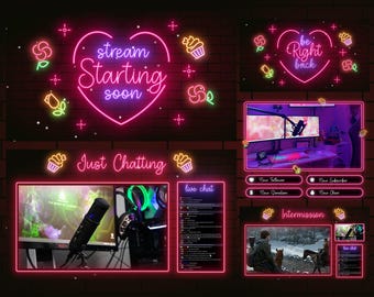 Bonita superposición animada de transmisión en rosa neón, paquete de corazones para Twitch, superposición de San Valentín para Twitch