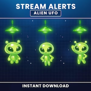 Puede incluir: Esta imagen presenta tres extraterrestres verdes de dibujos animados con grandes ojos negros y pequeñas antenas. Cada extraterrestre está suspendido debajo de un OVNI verde brillante. El texto "STREAM ALERTS" y "ALIEN UFO" están en la parte superior, con "INSTANT DOWNLOAD" en la parte inferior.