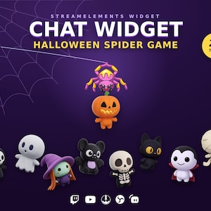Puede incluir: Un gráfico digital para un widget de Streamelements titulado Chat Widget Halloween Spider Game, que muestra una araña morada colgando de una telaraña sobre una calabaza y ocho juguetes con temática de Halloween debajo.