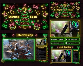 Overlay navideño neón para Twitch, pantallas animadas navideñas para Twitch, overlay de nieve navideña para Twitch, webcam navideña, transmisión navideña adorable
