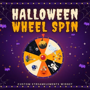 Op de afbeelding: Een digitale Halloween Wheel Spin afbeelding met de tekst HALLOWEEN WHEEL SPIN en CUSTOM STREAMELEMENTS WIDGET. Het ronde wiel is verdeeld in segmenten met iconen van een pompoen, spook, snoep, mummie, lantaarn, spin, toverdrankjes en een zwarte kat.