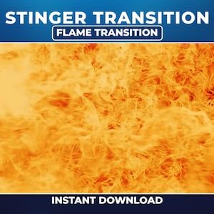 May include: A digital graphic featuring a vibrant, swirling fire effect with bright orange and yellow flames. The text STINGER TRANSITION is at the top, FLAME TRANSITION is in a central box, and INSTANT DOWNLOAD is at the bottom of the blue frame.