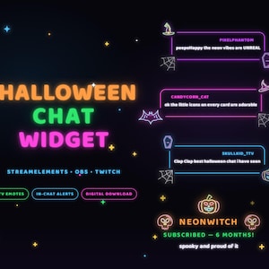 May include: A digital Halloween chat widget overlay featuring neon-style text and graphics. The display includes chat message boxes with icons like bats, spiderwebs, and coffins, alongside a subscription alert for NeonWitch with pumpkin and skull icons.
