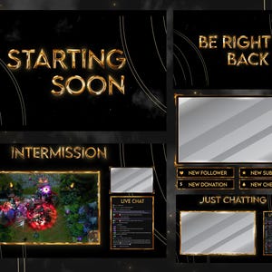 Animerade Stream-överlägg i guld och svart, rent estetiskt lyxtema, animerat Twitch-överläggspaket, minimalistiska Twitch-skärmar och layout