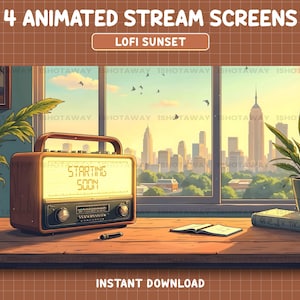 Puede incluir: Ilustración digital animada con una radio vintage que muestra "STARTING SOON". La radio está sobre una mesa de madera con vistas al horizonte de una ciudad a través de una ventana. También se ve el texto "4 ANIMATED STREAM SCREENS" y "INSTANT DOWNLOAD".
