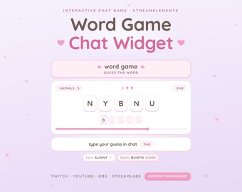 ワードゲームウィジェットTwitch、かわいいチャットゲーム、ワードスクランブル、単語を推測