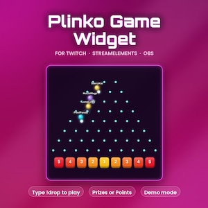 Könnte beinhalten: Ein Plinko-Spiel-Widget für Twitch, StreamElements und OBS mit einem dunklen quadratischen Spielfeld, einem dreieckigen Raster aus hellblauen Stiften, leuchtenden Kugeln mit Benutzernamen und einer Reihe nummerierter roter und gelber Boxen.