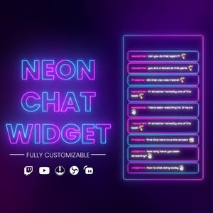 Puede incluir: Un widget de chat de neón con el texto NEON CHAT WIDGET y FULLY CUSTOMIZABLE. A la derecha, una ventana de chat vertical muestra varios mensajes de usuario con iconos en un esquema de color rosa y azul brillante sobre fondo oscuro.