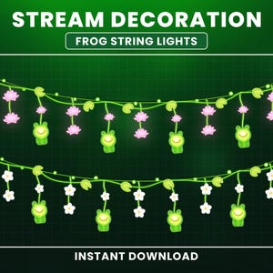 May include: String lights featuring green frog-shaped lights and pink lotus flower accents. The lights are strung along a green vine, creating a whimsical and decorative element. The text "STREAM DECORATION" and "FROG STRING LIGHTS" are displayed at the top.