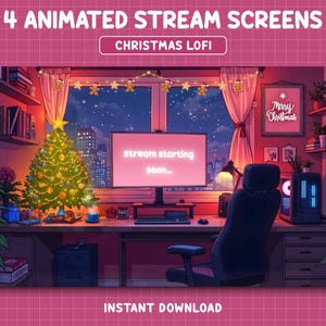 以下が含まれることがあります： クリスマスをテーマにしたストリーミング設定のアニメーションデジタルアート。装飾されたクリスマスツリー、"stream starting soon"と表示されたコンピューターモニター、"Merry Christmas"のサインが特徴です。画像には"4 Animated Stream Screens"と"Instant Download"と表示されています。