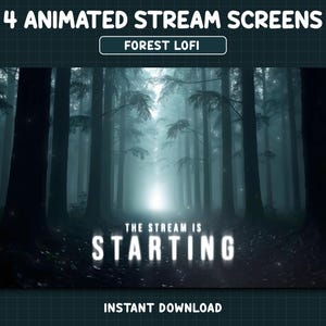 May include: Four animated stream screens with a forest lo-fi theme. The image shows a misty forest with tall trees and a bright light in the distance. Text reads "The Stream Is Starting" and "Instant Download".