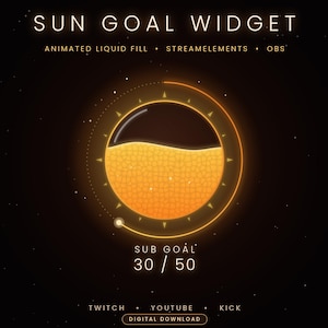 Op de afbeelding: Een digitale Sun Goal Widget afbeelding met een cirkelvormige voortgangsbalk met een geanimeerde oranje vloeistofvulling. Het display toont de tekst SUN GOAL WIDGET, SUB GOAL 30 / 50, ANIMATED LIQUID FILL, STREAMELEMENTS, OBS, TWITCH, YOUTUBE, KICK en DIGITAL DOWNLOAD.