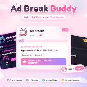 May include: Ad Break Buddy software interface featuring a Twitch ad timer and mini chat games. The display shows a pink television icon, an ad countdown, and a Guess the Number game with a shoutout to user pixelpuff. Includes icons for games.