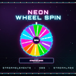 May include: A digital graphic titled NEON WHEEL SPIN featuring a colorful, segmented prize wheel with a central spin button. The wheel includes text segments like HYDRATE, VOD REVIEW, and SONG REQUEST. A bottom box displays WINNER STREAMER SINGS.