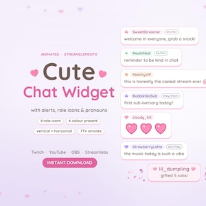 Könnte beinhalten: Ein animiertes Chat-Widget für Streaming-Plattformen mit rosa Text und Herz-Symbolen. Die Anzeige zeigt Beispiel-Chatnachrichten mit Benutzernamen, Rollensymbolen und Pronomen sowie Textbeschriftungen für 8 Rollensymbole und 6 Farbvoreinstellungen.