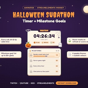 May include: An animated Halloween subathon widget for streaming featuring a countdown timer, milestone goals, and spooky icons like pumpkins, ghosts, and candy corn. The interface displays text including Halloween Subathon, Timer + Milestone Goals, and lists specific event goals like Spooky snack taste test and Horror game night.