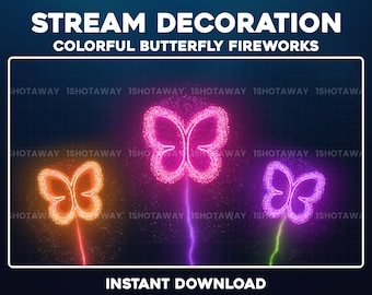 アニメーション化された蝶の花火のTwitchオーバーレイ、カラフルな花火のストリームデコレーション、パーティーストリームオーバーレイ