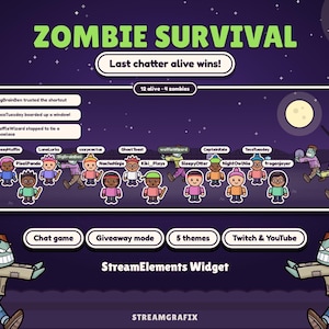 Pode incluir: Um gráfico digital intitulado Zombie Survival, apresentando um céu noturno roxo escuro com uma lua. Exibe uma interface de jogo com avatares de personagens, atualizações de status e botões para Chat game, Giveaway mode, 5 themes e Twitch & YouTube.