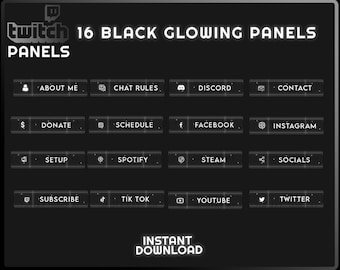 Paneles de Twitch brillantes en blanco y negro, paneles minimalistas y limpios, descarga instantánea