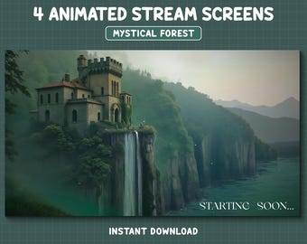 Superposición animada de Twitch de Bosque Místico, pantallas de transmisión lofi de Bosque Encantado, fondo acogedor de VTuber