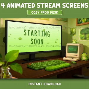 Może przedstawiać: Cyfrowa ilustracja przytulnego biurka z motywem żaby. Scena obejmuje monitor komputera wyświetlający "STARTING SOON", klawiaturę i komputer w stylu vintage. Dwie zielone figurki żab są umieszczone na biurku. Tekst "4 ANIMATED STREAM SCREENS" znajduje się na górze.