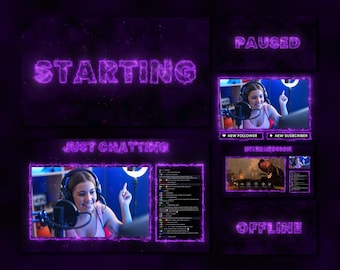 Purple Twitch Animated Overlay, Neon Stream Overlay Pack for Obs, Streamlabs