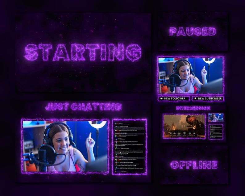 Purple Twitch Animated Overlay, Neon Stream Overlay Pack for Obs ...