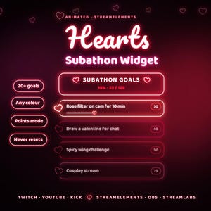 May include: An animated neon-style subathon widget with a dark background and glowing red text. It features a main goal bar, a list of tasks like Rose Filter on cam for 10 min, Draw a valentine for chat, Spicy wing challenge, and Cosplay stream.