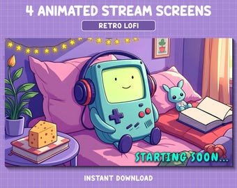 Superposición animada de Twitch estilo Gameboy, acogedoras pantallas de transmisión para dormitorio lofi, temática de sala de juegos retro