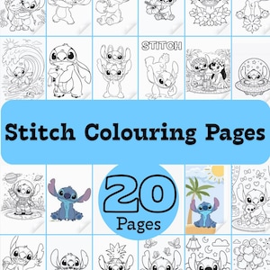 以下が含まれることがあります： 20ページのスティッチぬりえのコレクション。各ページには、さまざまなポーズや環境のキャラクター、スティッチの白黒イラストが描かれています。「Stitch Colouring Pages」というタイトルが太字の大きな文字で表示されています。