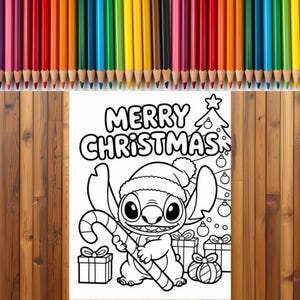 May include: A black and white Christmas coloring page featuring the character Stitch wearing a Santa hat and holding a candy cane. The words "MERRY CHRISTMAS" are at the top, with a Christmas tree and gifts.