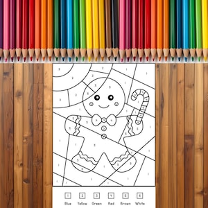 Könnte beinhalten: Ein Ausmalbild nach Zahlen mit einem Lebkuchenmann-Design, unterteilt in nummerierte Bereiche. Oben ist ein Satz farbiger Bleistifte in verschiedenen Farben angeordnet. Die Farbtabelle unten zeigt die Farben: Blau, Gelb, Grün, Rot, Braun und Weiß.