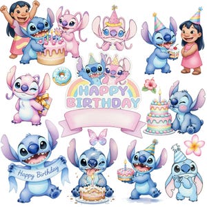 Op de afbeelding: Een verzameling cartoonstickers met blauwe en roze buitenaardse personages en een meisje die vieren met verjaardagstaarten, feesthoedjes, een donut, een vlinder en een bloem. Een centraal bord toont de tekst HAPPY BIRTHDAY met een lege banner.