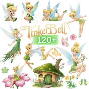 Peut inclure: Une collection d'illustrations de la Fée Clochette dans diverses poses, vêtue d'une robe verte avec des ailes translucides. Comprend une maison champignon, des fleurs, des papillons et le texte TinkerBell 120+ en doré et vert.