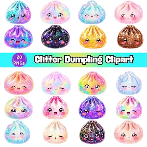 May include: A collection of 20 digital illustrations of dumplings with glitter textures and various facial expressions. The dumplings feature diverse colour palettes including galaxy patterns, iridescent gradients, gold, and pink tones with sparkles.