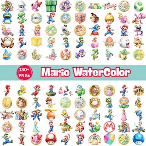 Puede incluir: Una colección de más de 130 ilustraciones digitales de estilo acuarela que presentan varios personajes, artículos e iconos de la franquicia Super Mario, incluidos Mario, Luigi, Peach, Toad y Bowser, con el texto Mario WaterColor mostrado.