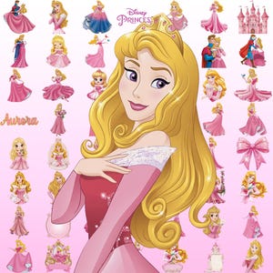 May include: A collection of Disney Princess Aurora stickers featuring the character with long blonde hair and a gold crown, wearing a pink dress. The set includes various poses, a pink castle, and a pink bow, with the text Disney Princess and Aurora.