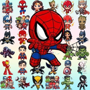 Könnte beinhalten: Eine Sammlung von Superhelden-Aufklebern im Chibi-Stil mit verschiedenen Charakteren wie Spider-Man, Batman, Hulk, Iron Man, Thor, Wonder Woman und The Flash. Das zentrale Bild ist eine große Spider-Man-Figur, die ein schwarzes Netz schießt.
