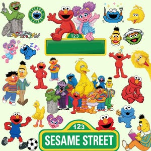 Könnte beinhalten: Eine Sammlung von Sesame Street-Aufklebern mit Elmo, Bibo, Krümelmonster, Abby Cadabby, Bert, Ernie, Oscar aus der Mülltonne und Graf Zahl. Das Set enthält ein grünes Sesame Street 123-Schild und verschiedene Posen der Charaktere.