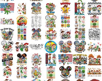 May include: A collection of various Toy Story character graphic designs featuring Woody, Buzz Lightyear, Jessie, and other figures. The illustrations include text such as Toy Story & Co., Toy Story World, and Birthday Boy, displayed in diverse layouts, colors, and styles.